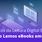 Visualização digital em fundo azul escuro mostra um smartphone exibindo um texto e um monitor de computador com interface gráfica. Percentuais flutuantes em tons de azul claro - 83%, 48%, 75%, 220% e 10% - aparecem ao redor dos dispositivos, sugerindo métricas de análise de dados.
