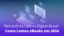 Visualização digital em fundo azul escuro mostra um smartphone exibindo um texto e um monitor de computador com interface gráfica. Percentuais flutuantes em tons de azul claro - 83%, 48%, 75%, 220% e 10% - aparecem ao redor dos dispositivos, sugerindo métricas de análise de dados.