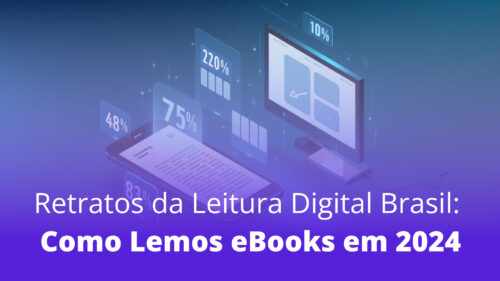 Visualização digital em fundo azul escuro mostra um smartphone exibindo um texto e um monitor de computador com interface gráfica. Percentuais flutuantes em tons de azul claro - 83%, 48%, 75%, 220% e 10% - aparecem ao redor dos dispositivos, sugerindo métricas de análise de dados.
