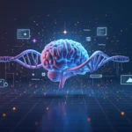 Um modelo 3D do cérebro humano em azul e rosa flutua entre duas hélices de DNA, cercado por ícones de interface e partículas brilhantes em um fundo escuro futurista.