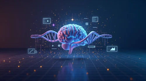 Um modelo 3D do cérebro humano em azul e rosa flutua entre duas hélices de DNA, cercado por ícones de interface e partículas brilhantes em um fundo escuro futurista.