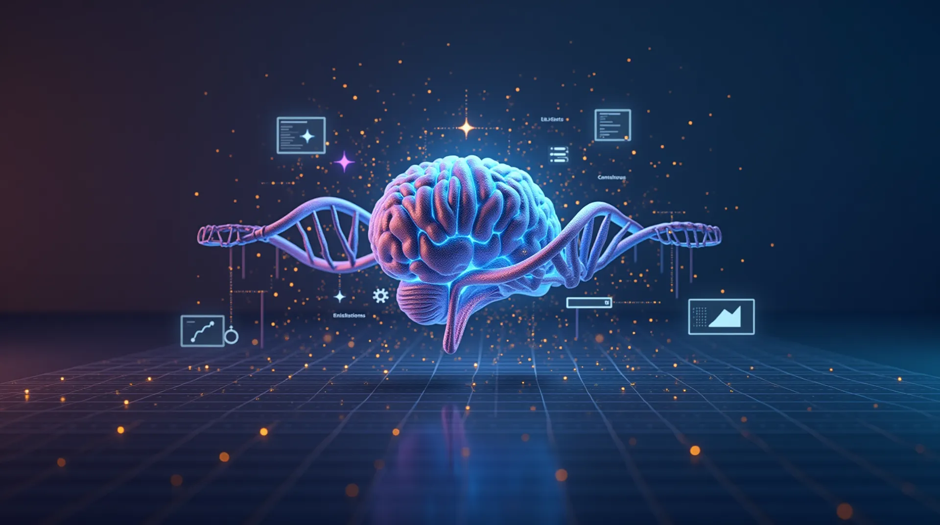 Um modelo 3D do cérebro humano em azul e rosa flutua entre duas hélices de DNA, cercado por ícones de interface e partículas brilhantes em um fundo escuro futurista.