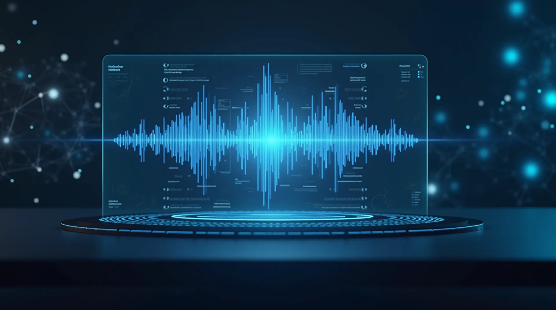Ondas sonoras em azul neon são exibidas em um painel holográfico tridimensional, com interface de controle e indicadores técnicos, sobre uma base circular iluminada.