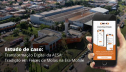 Imagem aérea de uma fábrica com galpões industriais e prédio administrativo cercados por áreas verdes e estacionamentos, situada em bairro urbano. Em destaque à direita, uma mão segura um smartphone exibindo a interface do aplicativo da AESA, com telas de busca de molas e criação de cotações. No canto inferior esquerdo da imagem, há texto promocional: ‘Estudo de caso: Transformação Digital da AESA: Tradição em Feixes de Molas na Era Mobile’.