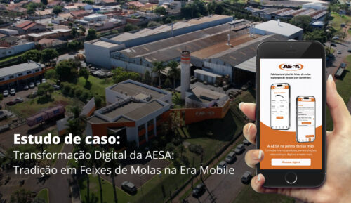Imagem aérea de uma fábrica com galpões industriais e prédio administrativo cercados por áreas verdes e estacionamentos, situada em bairro urbano. Em destaque à direita, uma mão segura um smartphone exibindo a interface do aplicativo da AESA, com telas de busca de molas e criação de cotações. No canto inferior esquerdo da imagem, há texto promocional: ‘Estudo de caso: Transformação Digital da AESA: Tradição em Feixes de Molas na Era Mobile’.